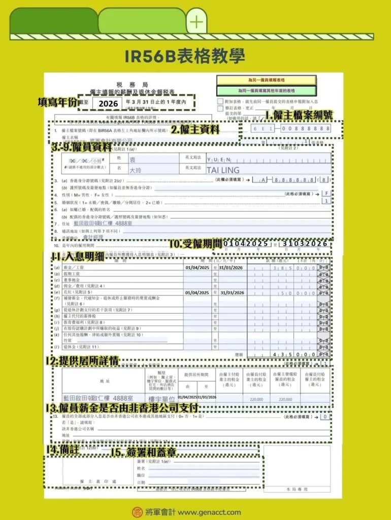 僱主報稅表 IR56B 員工入息明細表填寫指南：申報僱員姓名、身份證、薪金總額及受僱期間教學